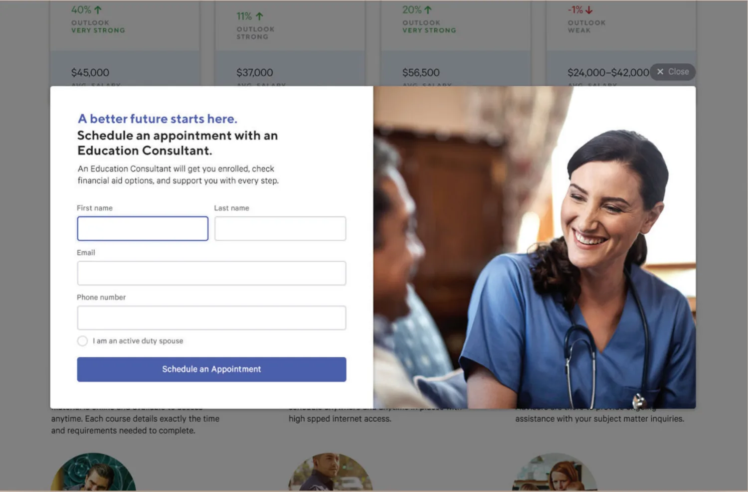 MedCerts education-consultant scheduling modal