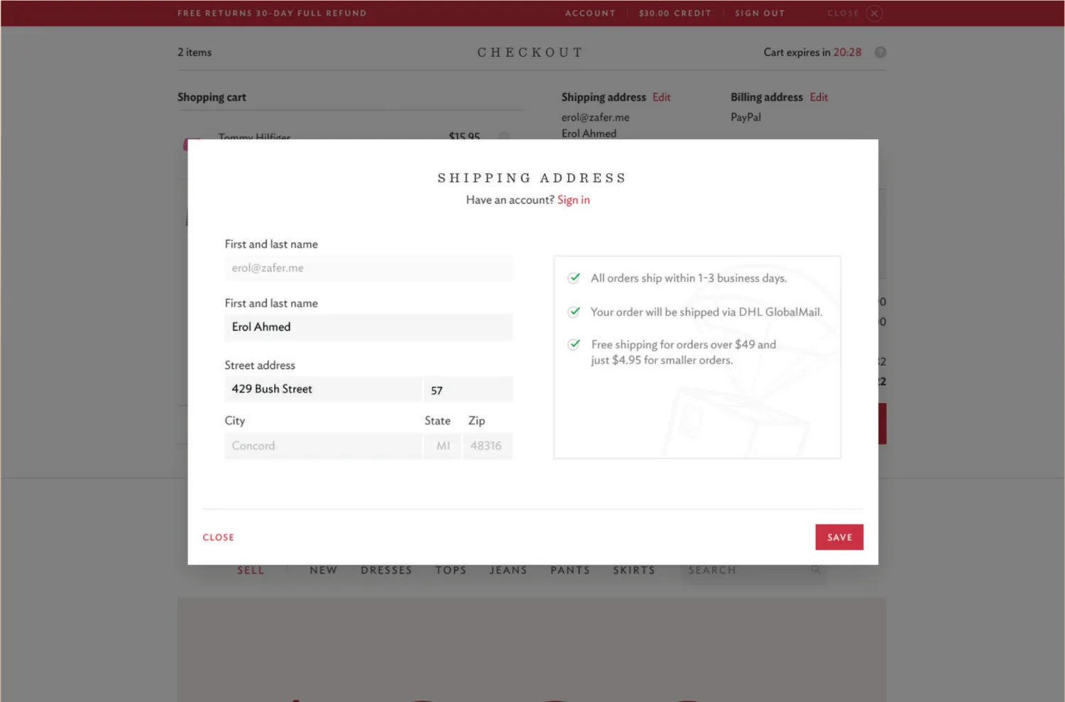 Twice — shipping modal with contextual answers