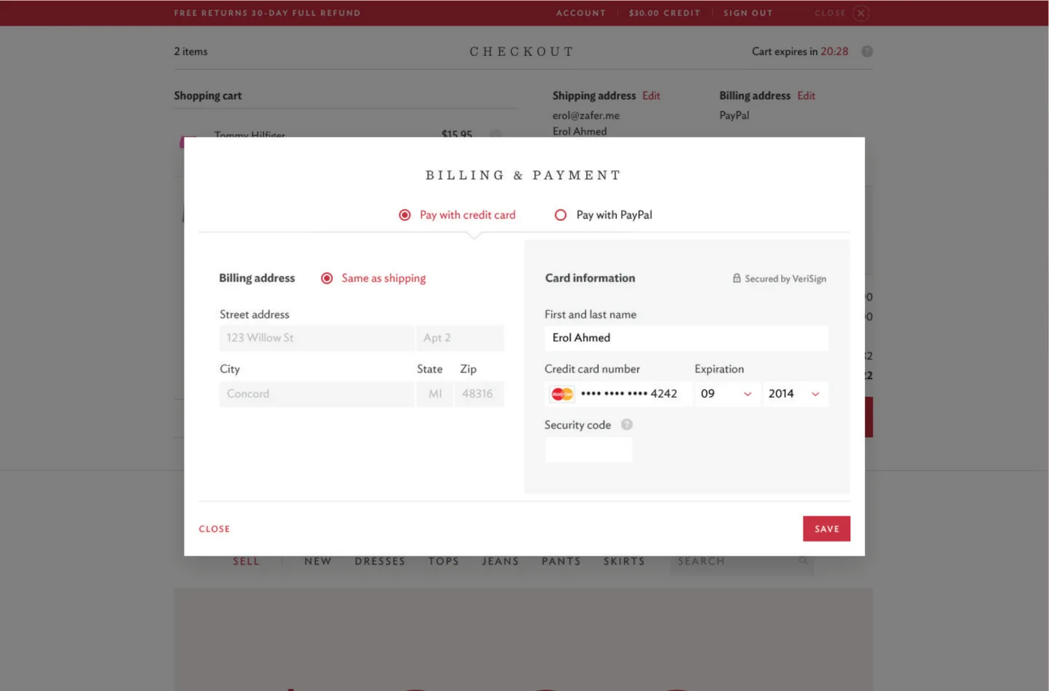 Twice — billing and payment modal