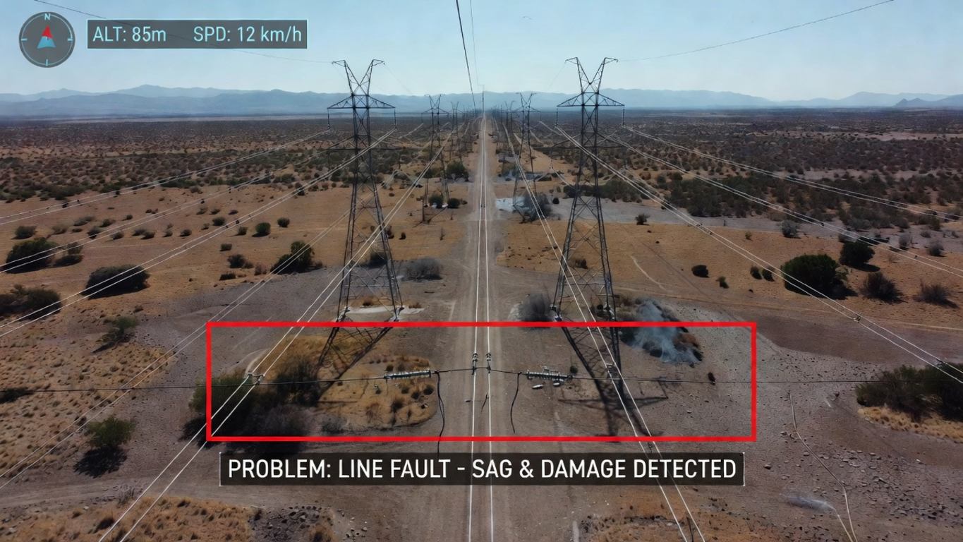 FIG. 05 — LINE FAULT, SAG & DAMAGE · FLAGGED AT 85 M