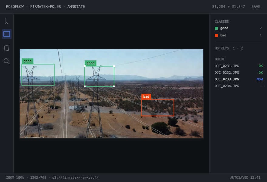 The Roboflow annotation workspace — bounding boxes, two classes, the labeling queue