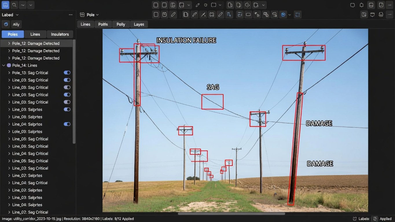 The annotation suite — poles, lines and insulators boxed by hand