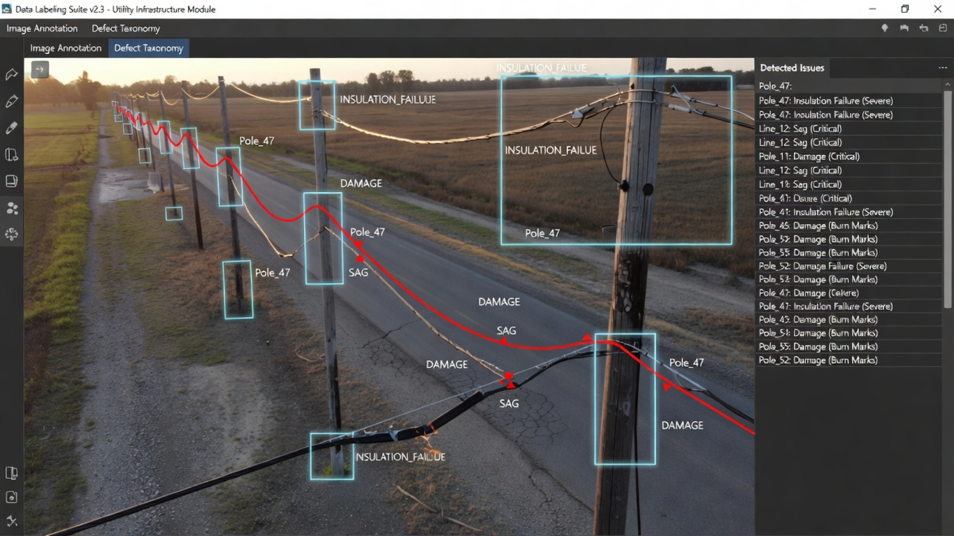 The defect taxonomy module — sag, damage, and insulation failures tracked per pole ID