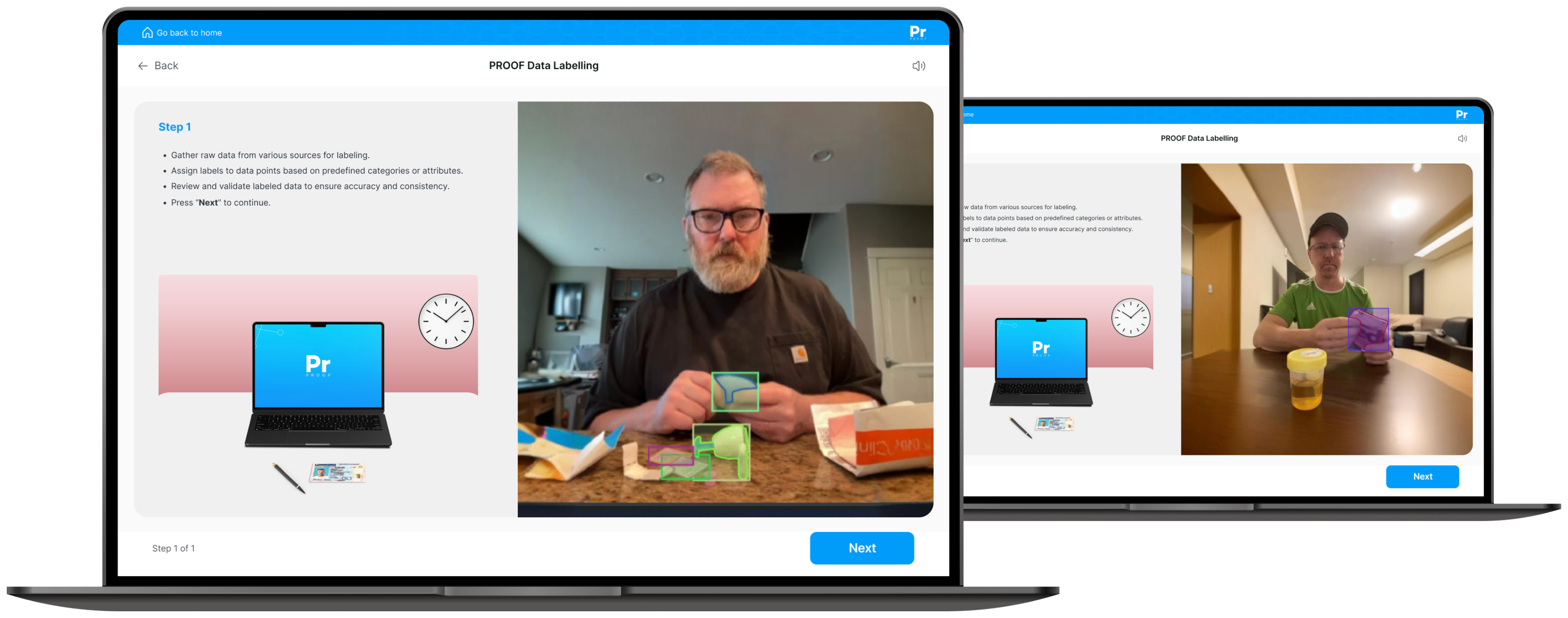 PROOF Data Labelling — the guided in-app workflow drawing bounding boxes on live webcam test sessions, shown on two laptops