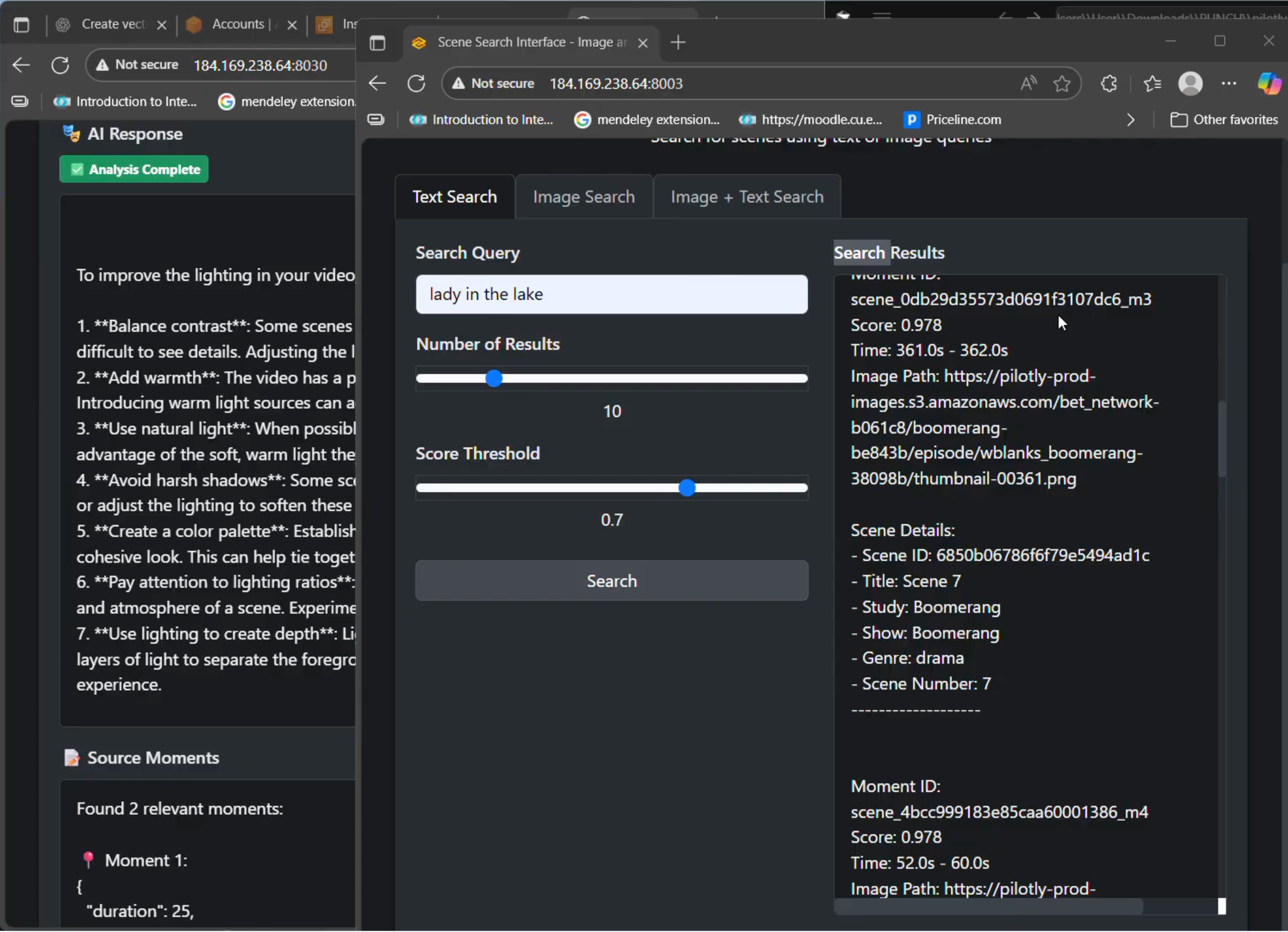 Development screenshot of the Pilotly scene-search interface — a text query returning scored, timestamped moments next to AI lighting analysis