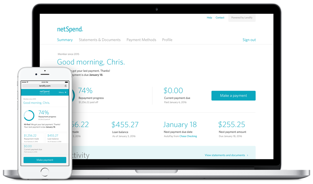 The borrower dashboard — repayment progress, loan balance, next payment, and one-tap payments.